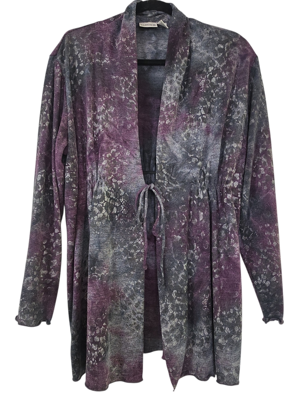 Chico's Purple & Gray Patterned Tie-Front Open Cardigan.